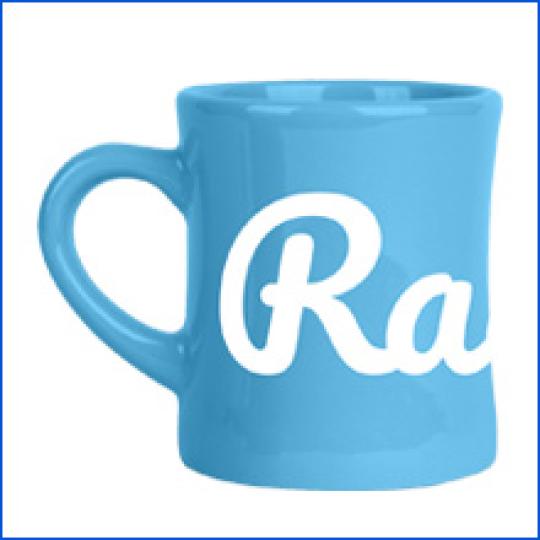 Retro Diner Mug in Light Blue with a script Radiolab logo.